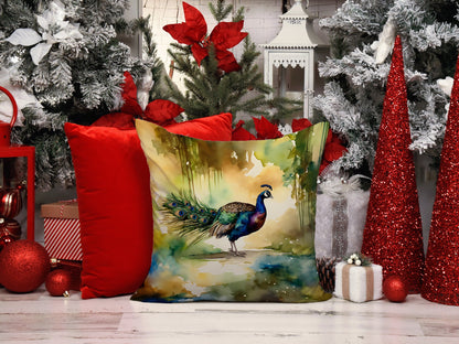 The Peacock artwork pillow in a winter setting, among red cushions, poinsettia and frosted greenery.