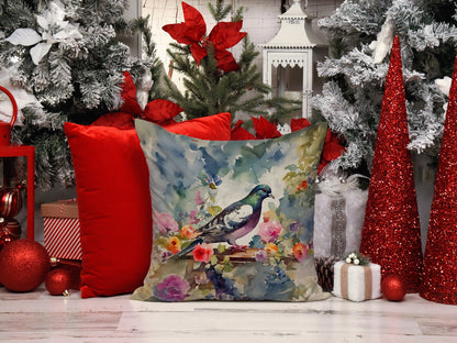 The Pigeon artwork pillow in a winter setting, among red cushions, poinsettia and frosted greenery.