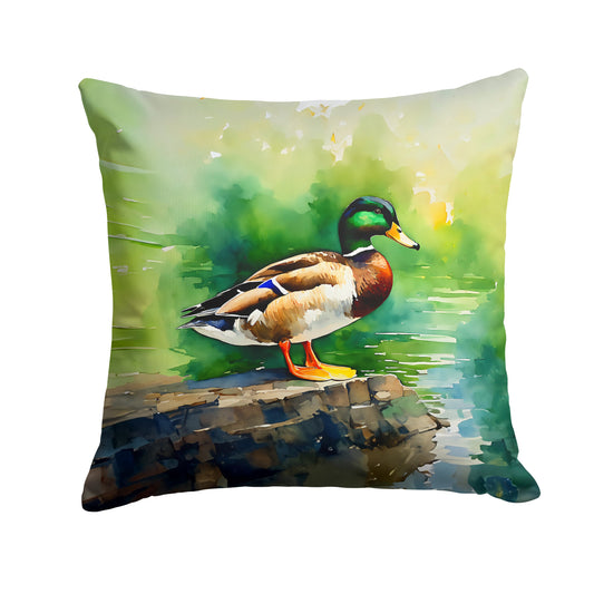 Standing mallard artwork pillow photographed alone against white, showing the whole 14 inch square printed face.