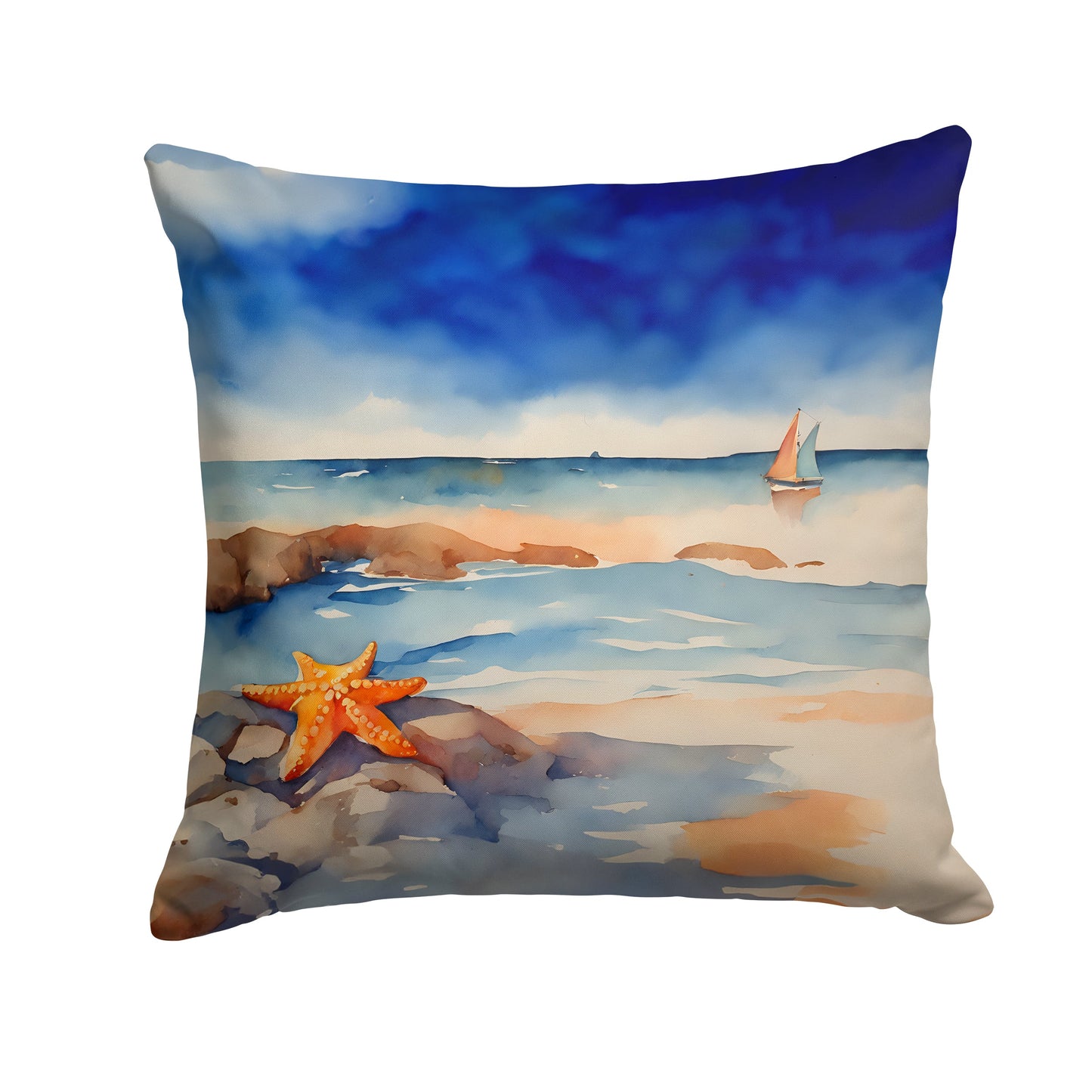Starfish and sailboats artwork pillow photographed alone against white, showing the whole 18 inch square printed face.