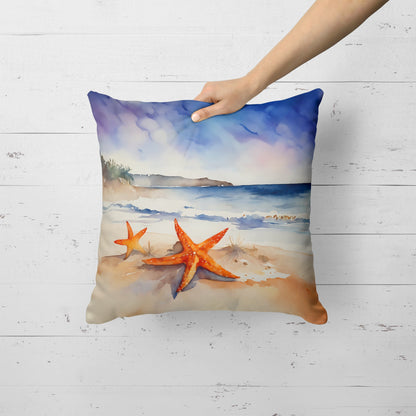 The Two starfish artwork pillow held against white boards, which shows its depth and how fully the insert sits.