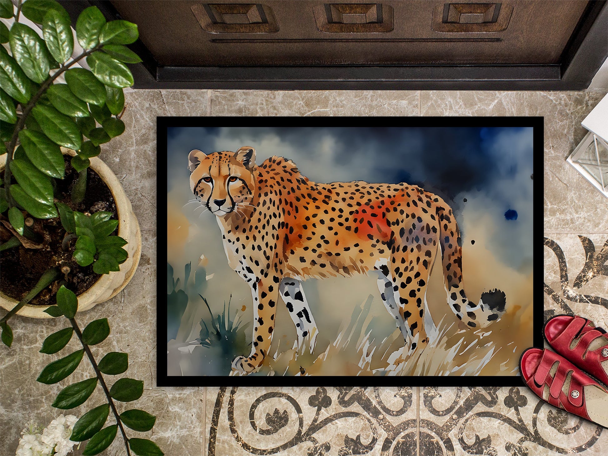 The 24 by 36 inch Walking cheetah artwork doormat in place at a front door, framed by potted greenery on a patterned step.