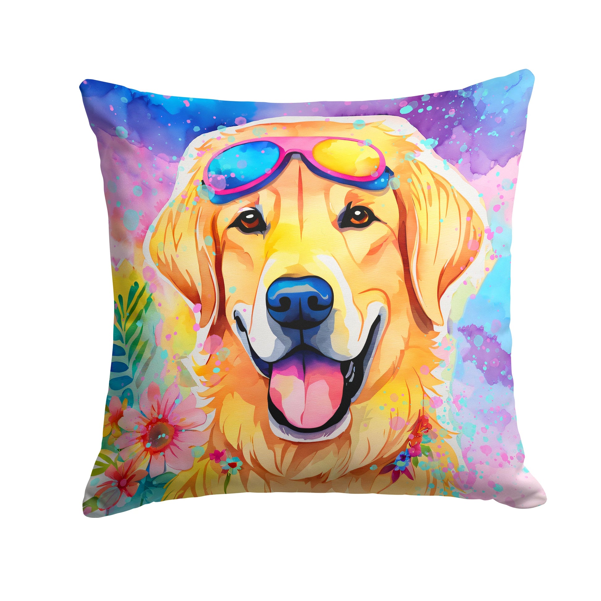 Yellow Labrador artwork pillow photographed alone against white, showing the whole 18 inch square printed face.