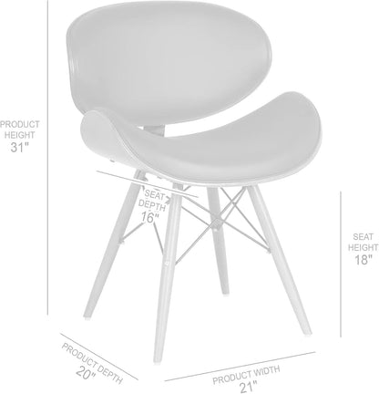 Dining chair in black faux leather seen from the side with the legs angled out.