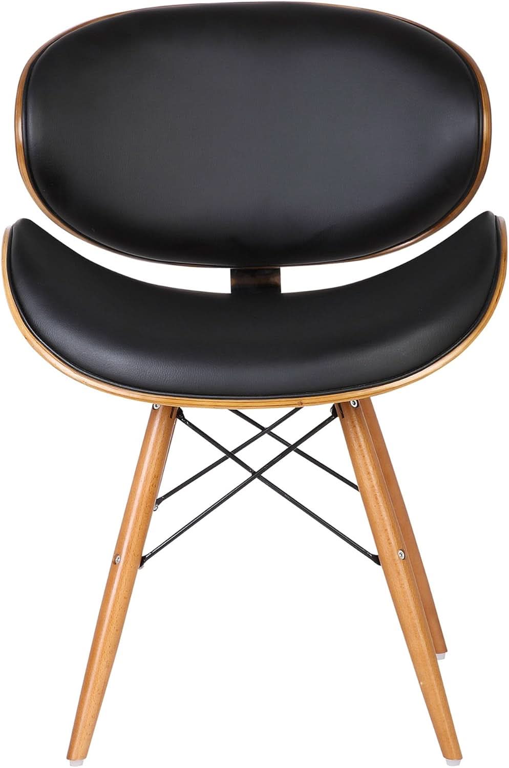 Dining chair in black faux leather photographed alone against a plain ground.