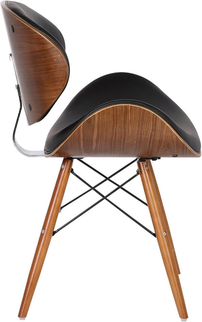 Dining chair in black faux leather showing the leg joints under the seat.