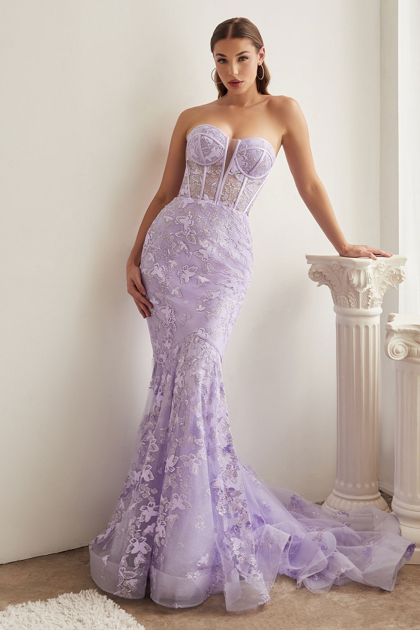 Lavender strapless butterfly print mermaid prom gown by Tux-USA, featuring a fitted silhouette and elegant design.