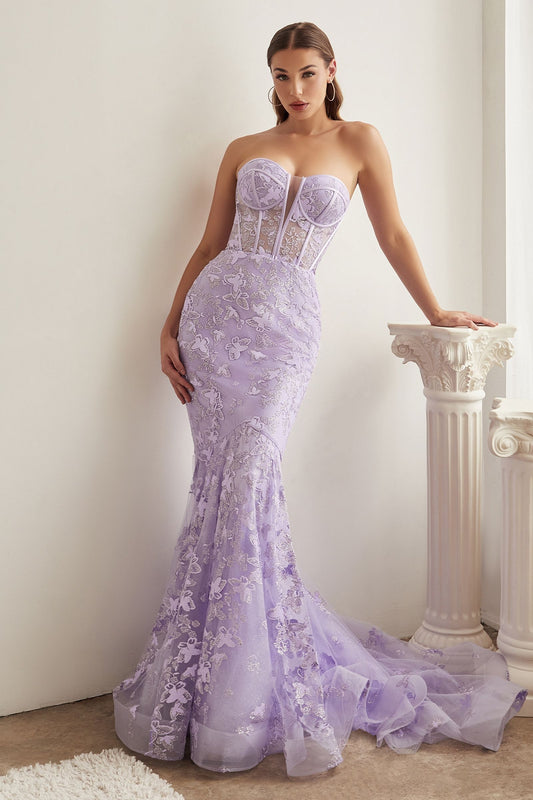 Lavender strapless butterfly print mermaid prom gown by Tux-USA, featuring a fitted silhouette and elegant design.