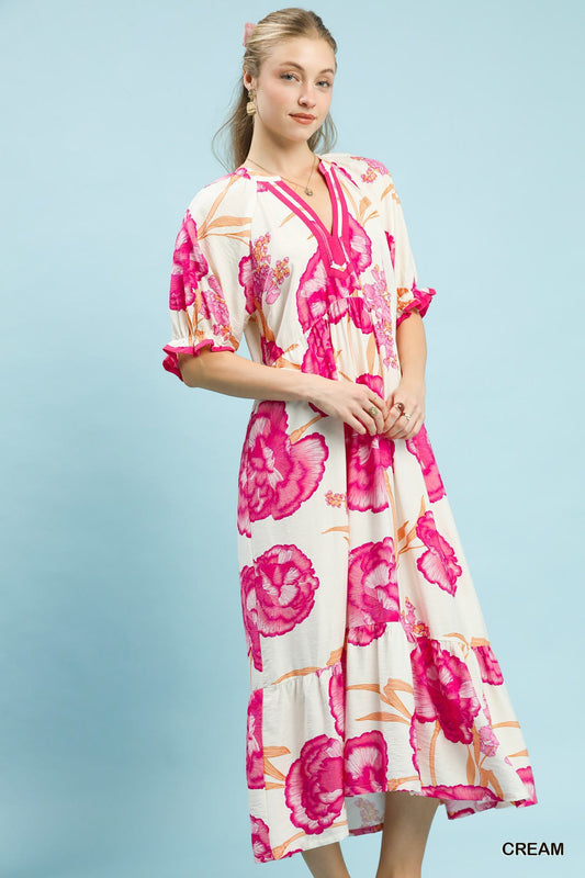 Umgee Floral Print Midi Dress with Contrast Trim-1