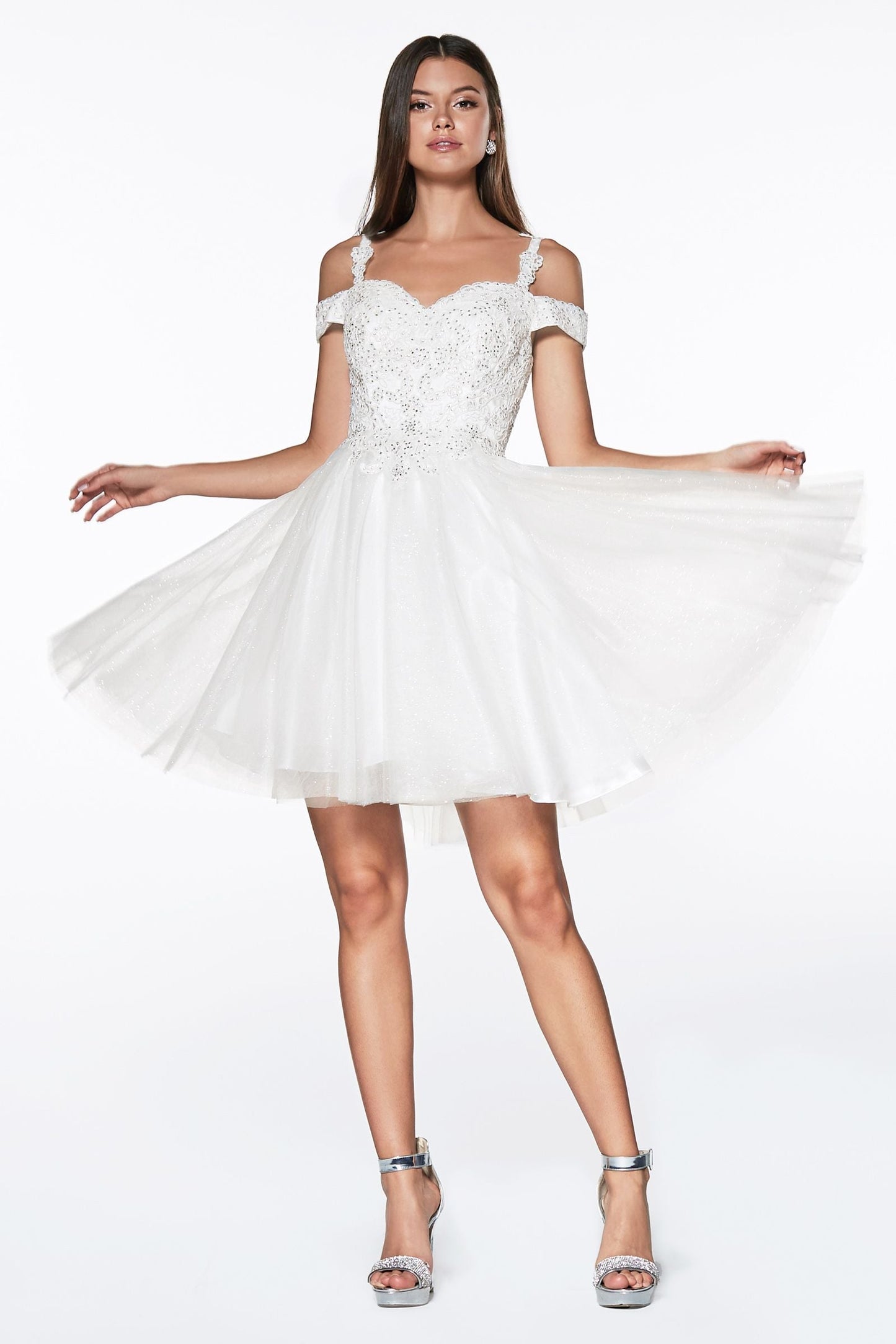 Off-shoulder lace cocktail dress with glitter tulle, short damas style by Tux-USA, featuring elegant fit and intricate lace details.