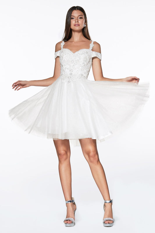 Off-shoulder lace cocktail dress with glitter tulle, short damas style by Tux-USA, featuring elegant fit and intricate lace details.