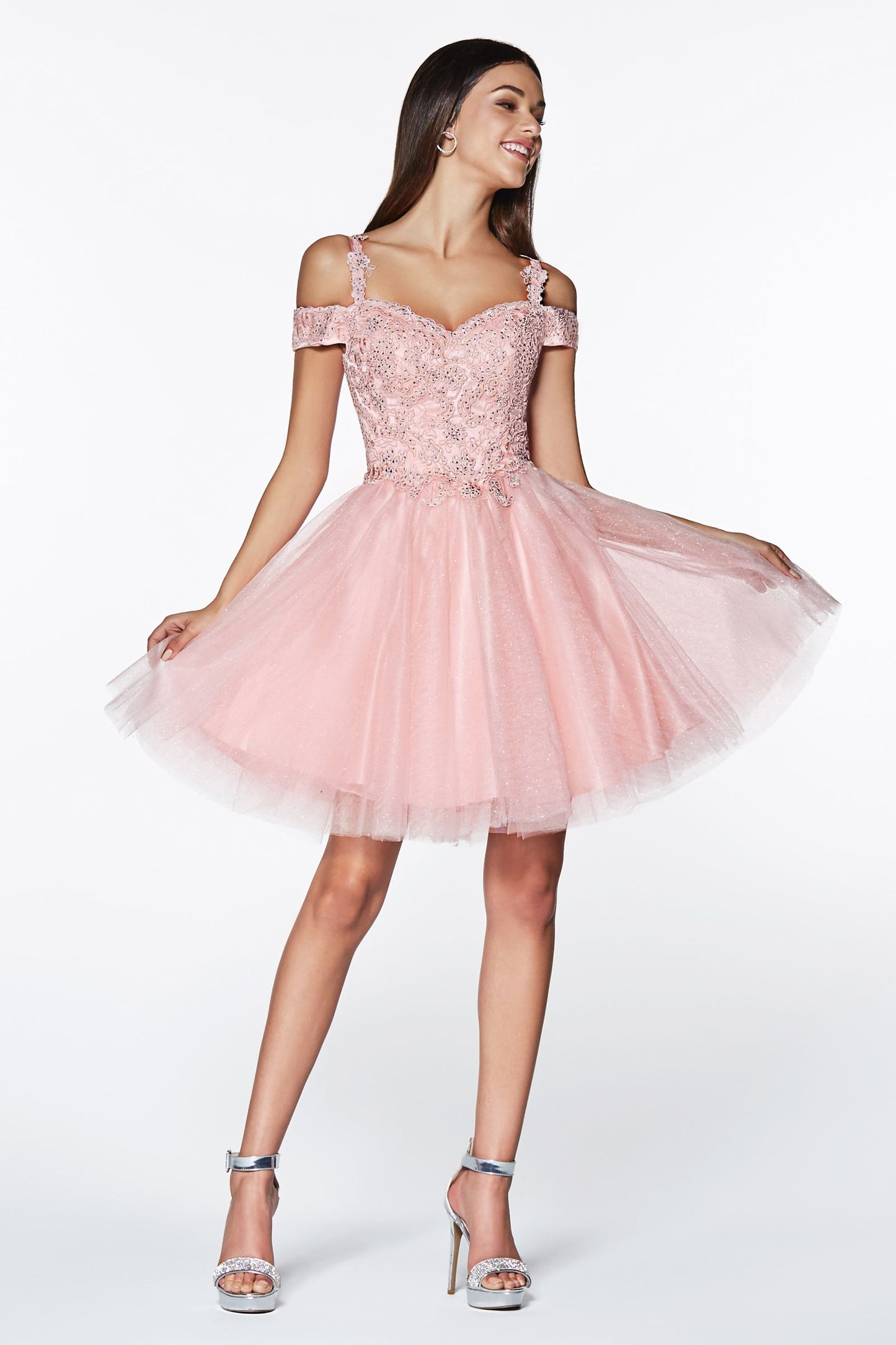 Off-shoulder lace cocktail dress with glitter tulle from Tux-USA, featuring a short damas style with elegant design and intricate lace details.