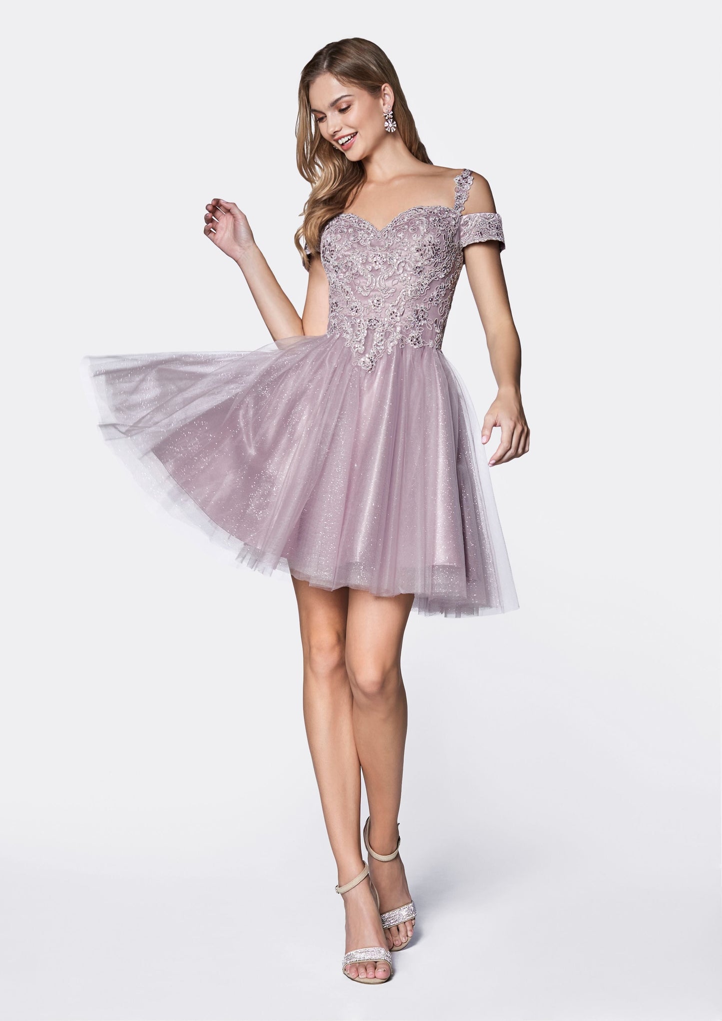 Off shoulder lace cocktail dress with glitter tulle by Tux-USA, featuring a short, elegant damas style perfect for special occasions.