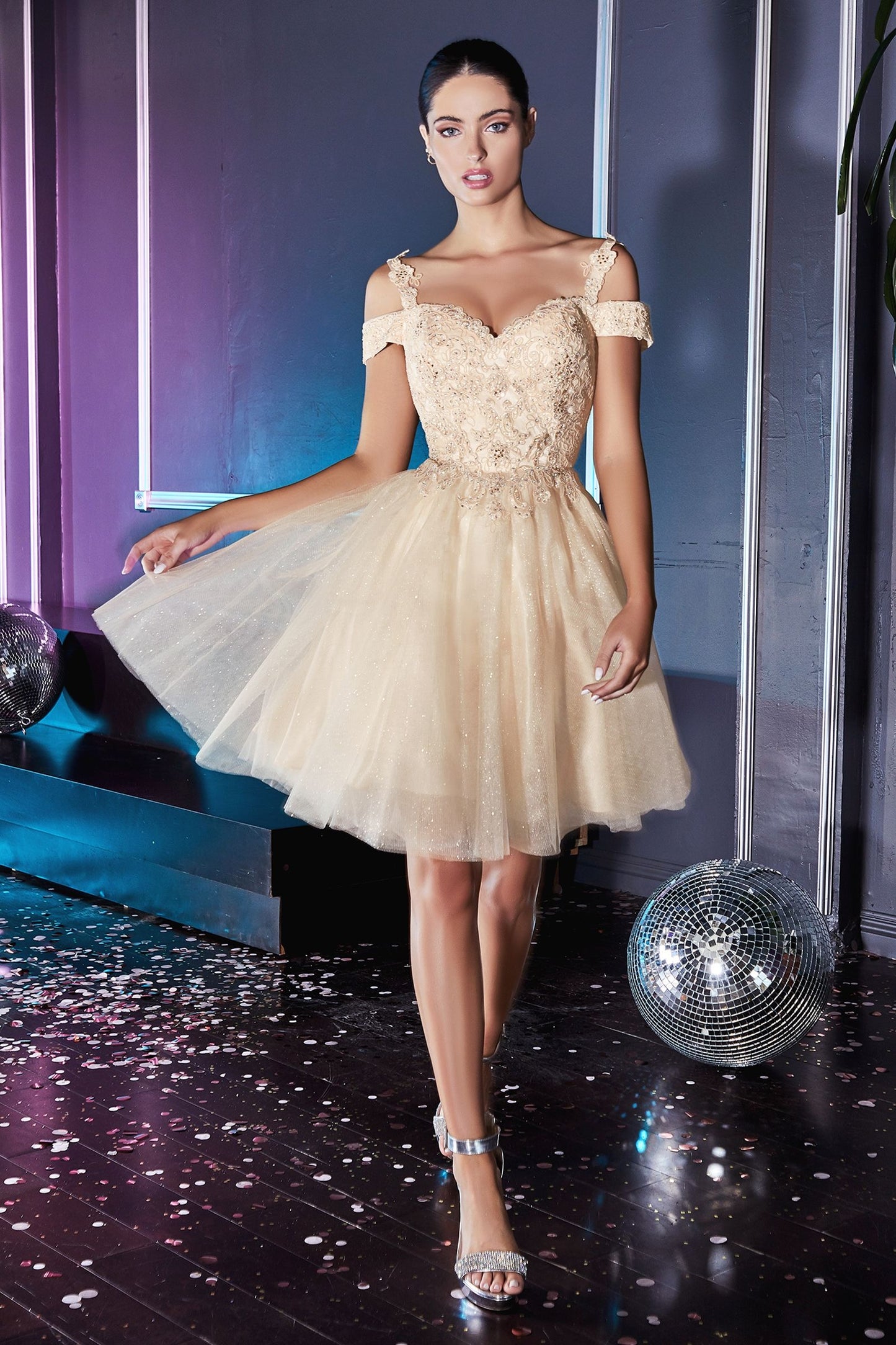 Champagne off-shoulder lace cocktail dress with glitter tulle, short damas style by Tux-USA, featuring elegant design and intricate lace details.