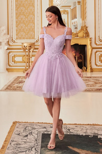 Lavender off-shoulder lace cocktail dress with glitter tulle, short damas style from Tux-USA, featuring elegant ruffled neckline.