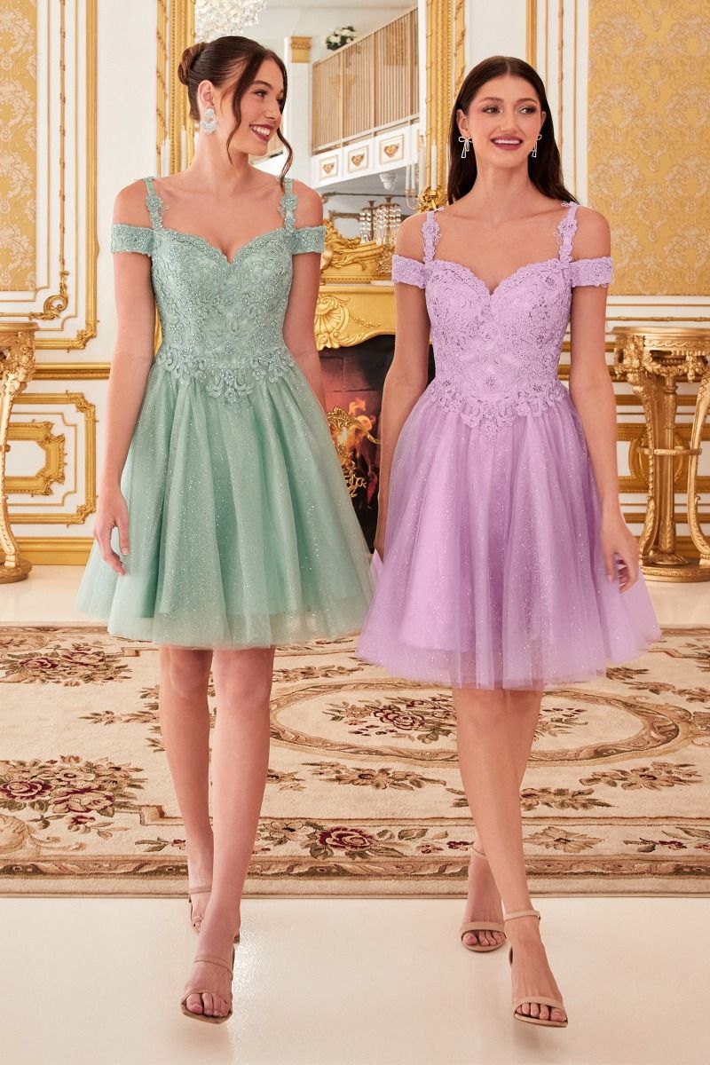 Lavender off-shoulder lace cocktail dress with glitter tulle, short damas style by Tux-USA, featuring elegant floral lace details.