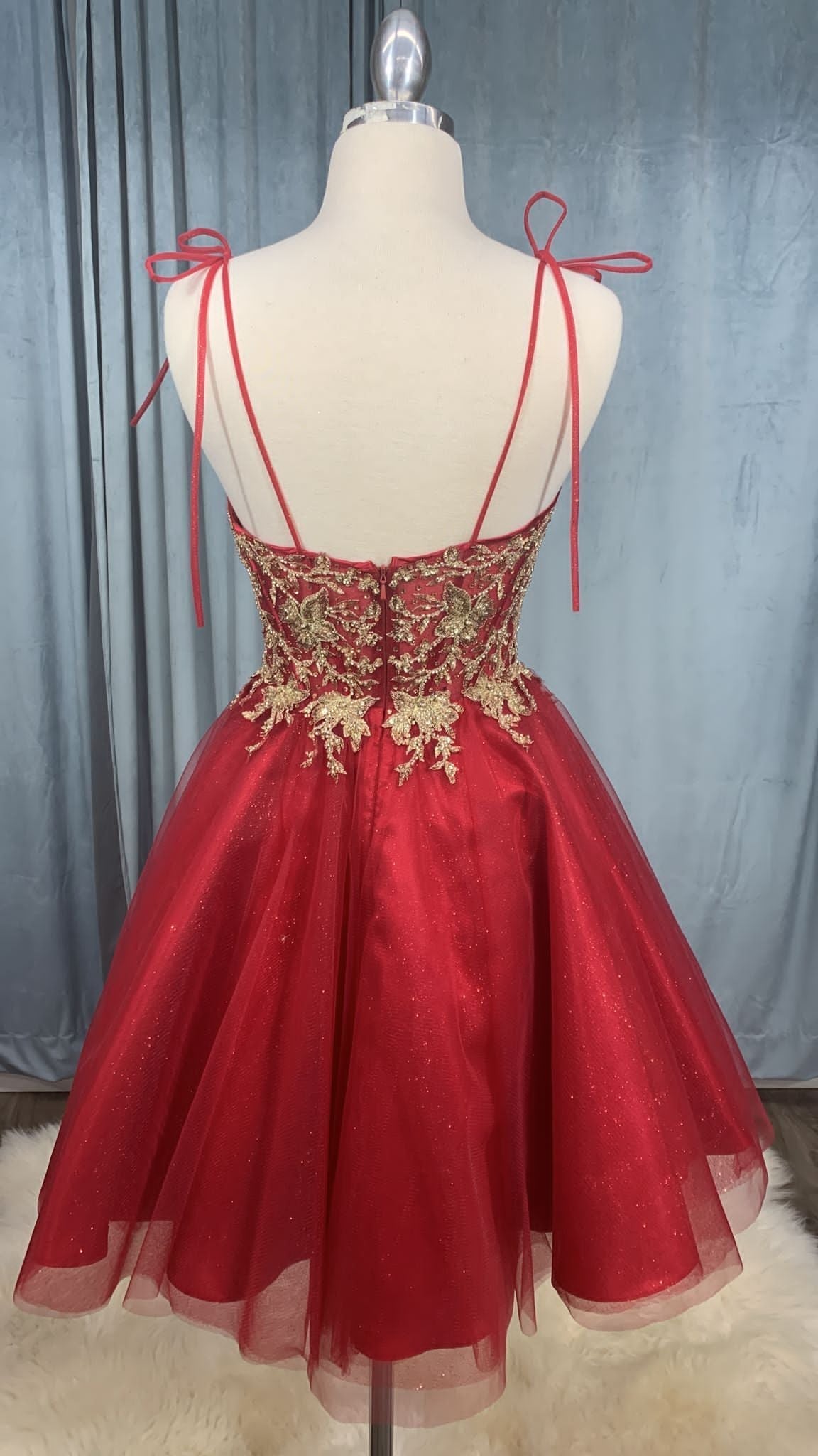 Back of a short tulle lace dress, showing the lace bodice.
