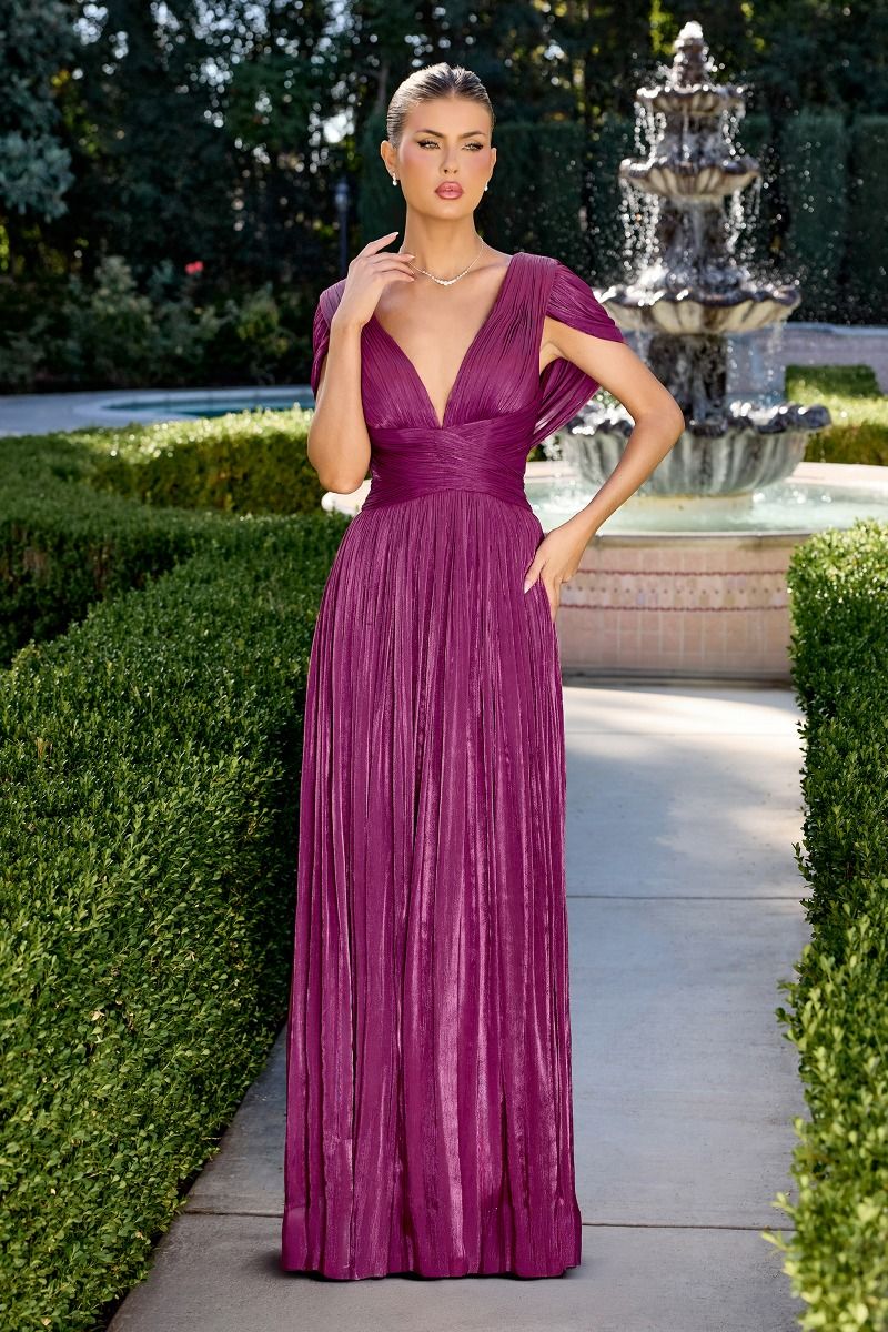 Tux-USA chiffon nightgown with deep V-neck, cap sleeves, elegant design, in a deep mulberry color, front view.