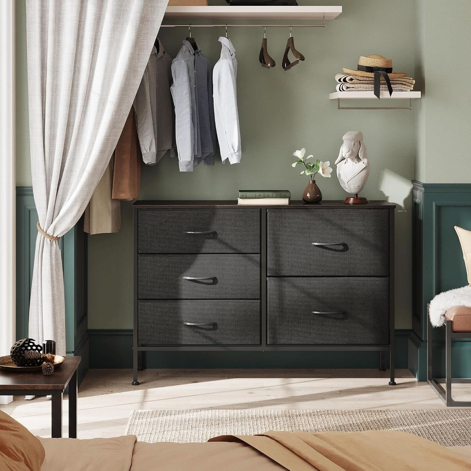 Charcoal Black Fabric Dresser With 5 Drawers For Bedroom Storage-3