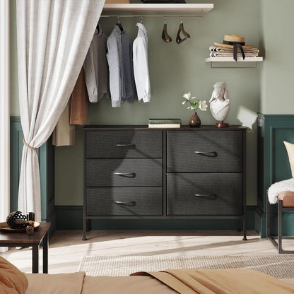 Charcoal Black Fabric Dresser With 5 Drawers For Bedroom Storage-3
