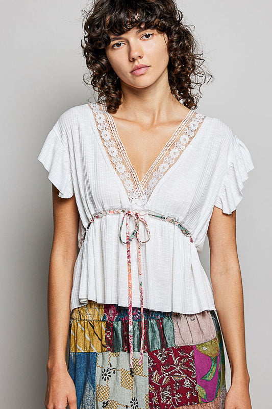 POL Tied Ruffled V-Neck Short Sleeve Blouse with Lace Detail-1