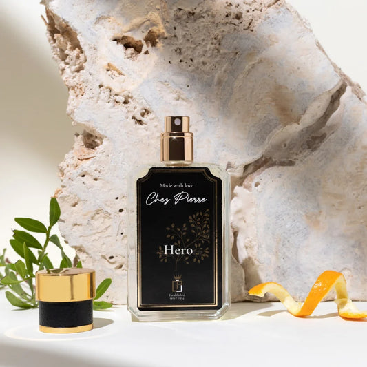 The 50 ml bottle of Chez Pierre Hero Eau de Parfum, a men's scent with jasmine, cedarwood and magnolia in the heart.