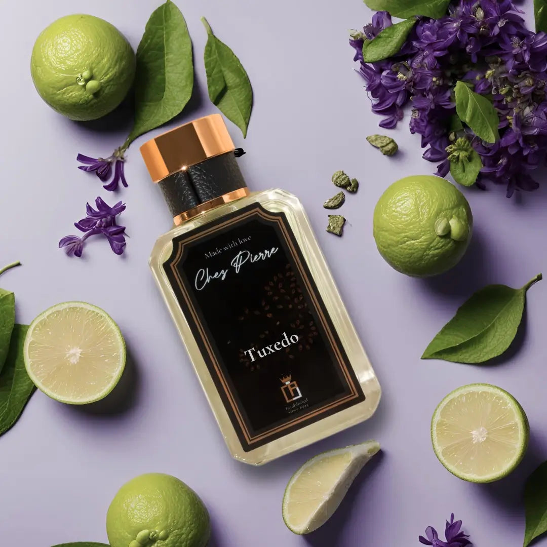 Chez Pierre Tuxedo Eau de Parfum 50 ml bottle, a men's fragrance with crisp apple and bergamot in the opening.