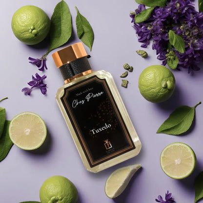 Chez Pierre Tuxedo Eau de Parfum 50 ml bottle, a men's fragrance with crisp apple and bergamot in the opening.