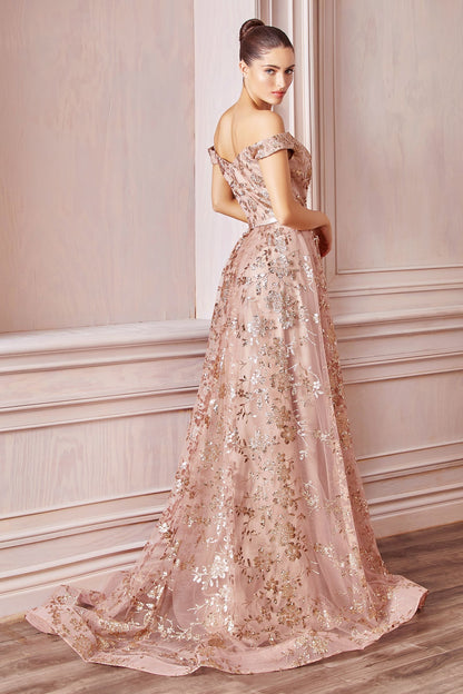 Off-shoulder glitter floral ball gown with a fitted bodice and full skirt.