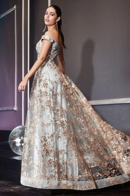 Gold mist glitter floral ball gown with off-shoulder straps.