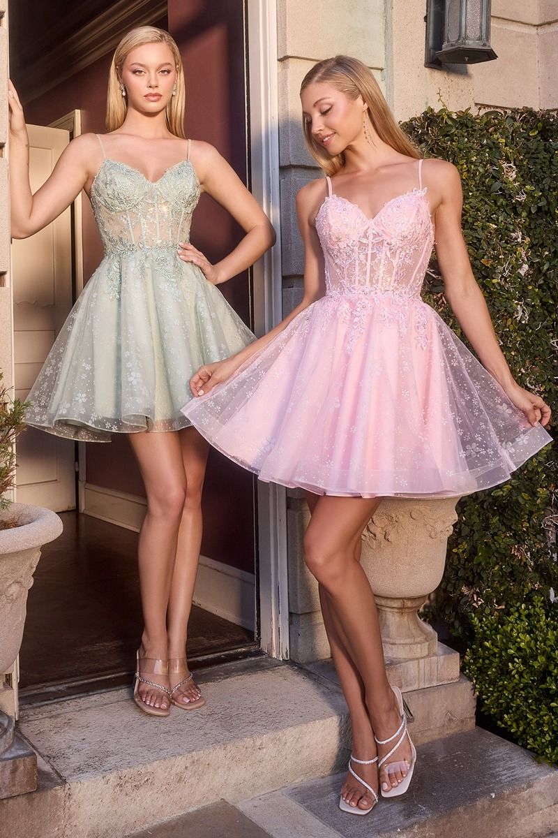 Pink and sage floral embroidered tulle mini dress by Tux-USA with a corset bodice and delicate short design.