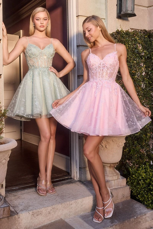 Pink and sage floral embroidered tulle mini dress by Tux-USA with a corset bodice and delicate short design.