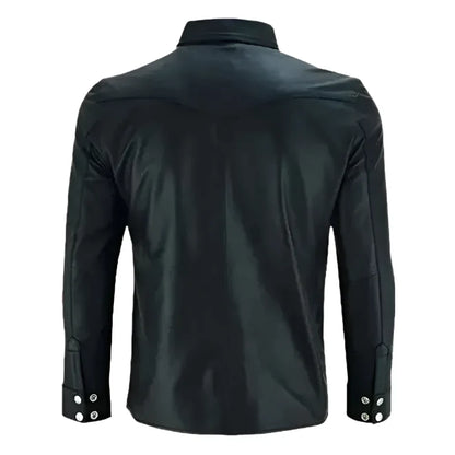 Mens Black Leather Collared Shirt-1