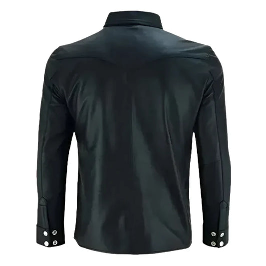 Mens Black Leather Collared Shirt-1