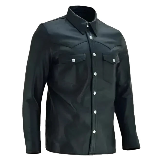 Mens Black Leather Collared Shirt-0