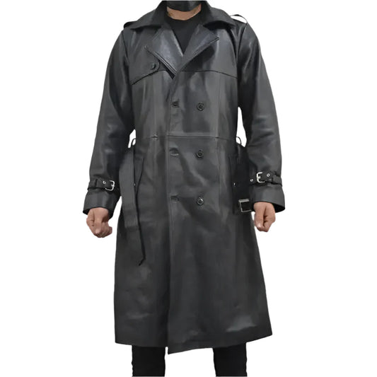 Mens Black Leather Trench Coat-1