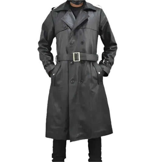 Mens Black Leather Trench Coat-0