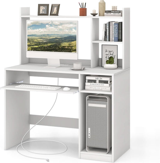 White computer desk with a hutch above with outlets and USB ports in the frame.
