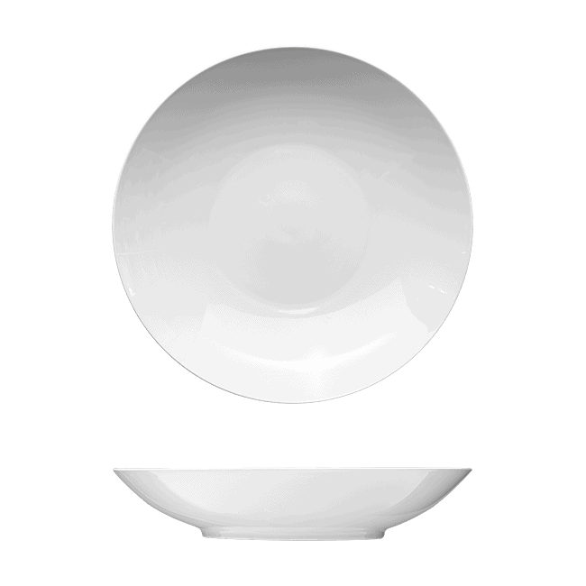 Wide white porcelain bowl 13 inches across, rimless with the wall curving straight to the edge.
