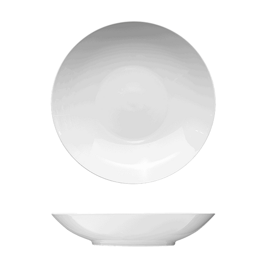 Wide white porcelain bowl 13 inches across, rimless with the wall curving straight to the edge.