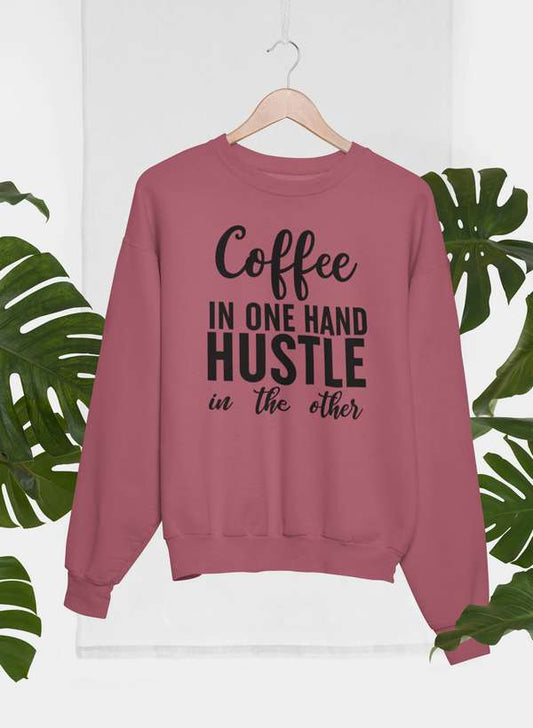 Virgo cozy cotton poly fleece sweatshirt with crewneck design, hanging on a hanger outdoors against palm trees.