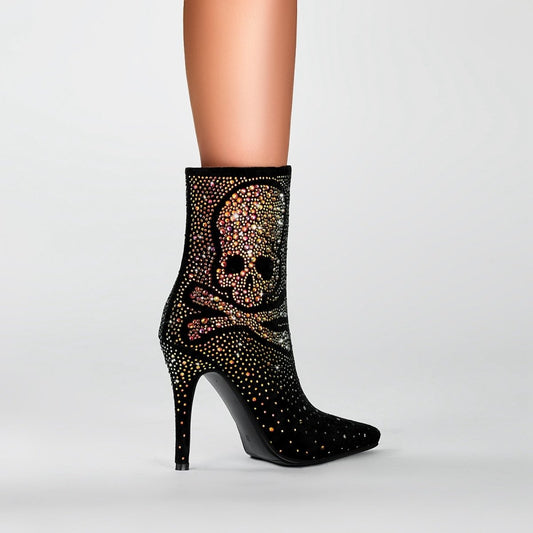 Crystal Encrusted Skull and Bones Black Ankle Boots-1