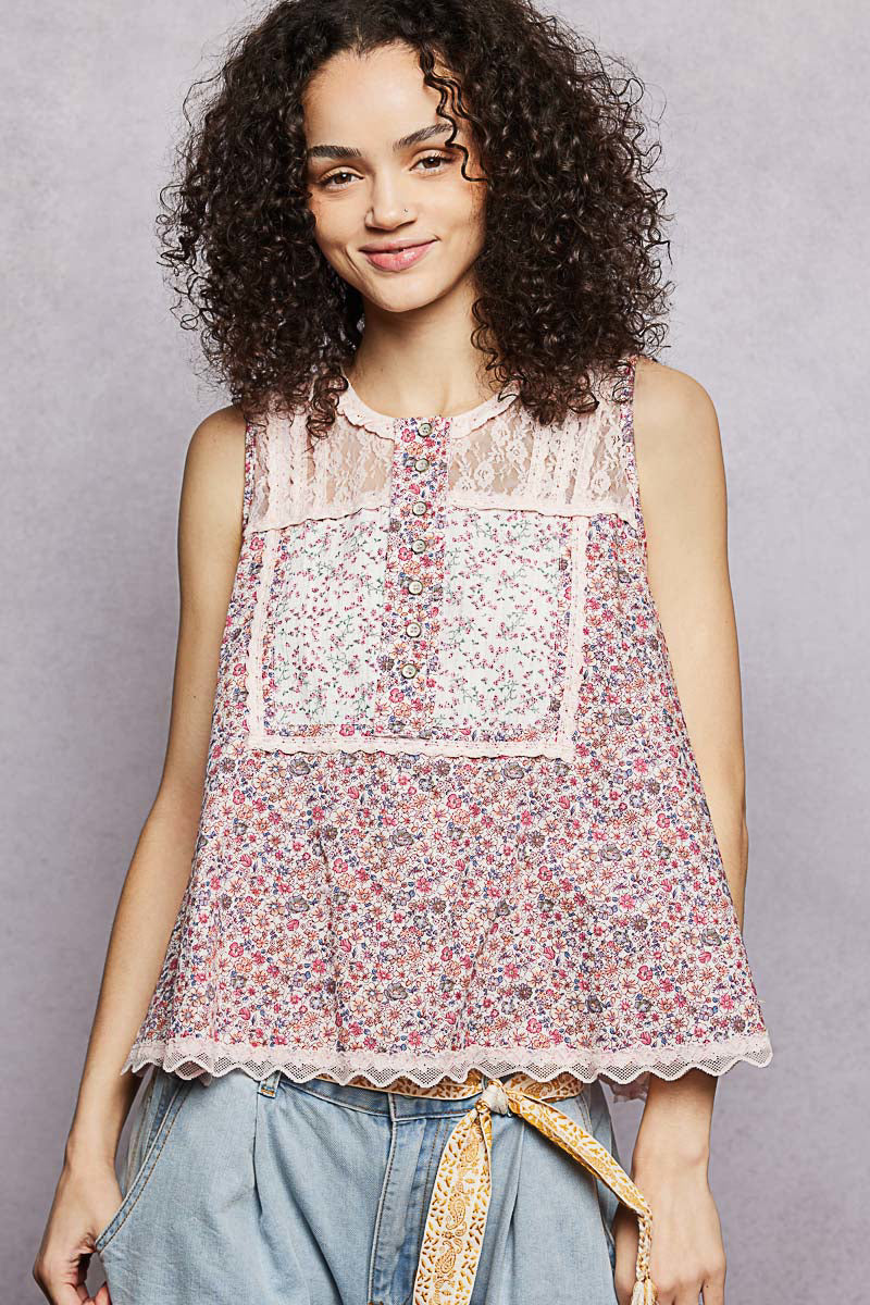 POL Printed Woven Lace Back Round Neck Sleeveless Top-1