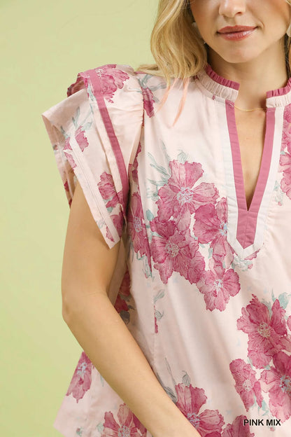 Umgee Mix Floral Ruffle Sleeve Blouse-3