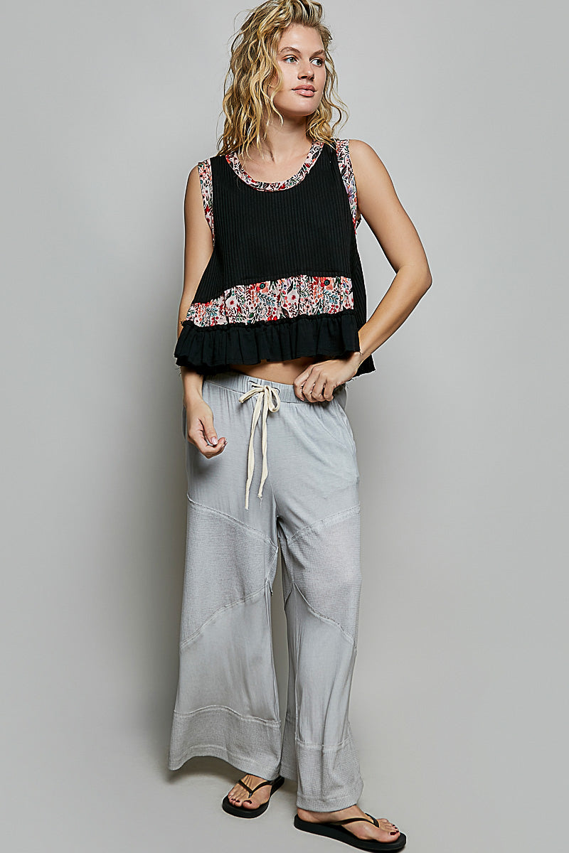 POL Floral Print Patche Round Neck Ribbed Tank with Double Gauze Ruffle Accents-4