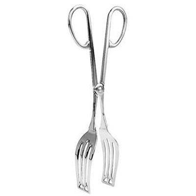 Stainless steel scissor tongs 7.9 inches long, with a flat serving plate on each arm.