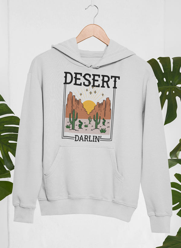 Athletic Grey fleece hoodie on a hanger, framed desert scene printed on the chest.