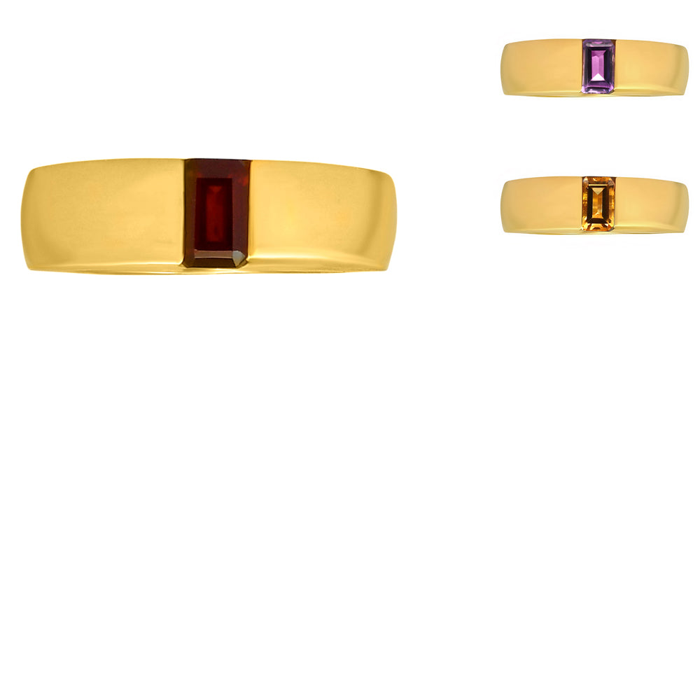 Baguette ring with a hessonite garnet, shown beside amethyst and citrine versions