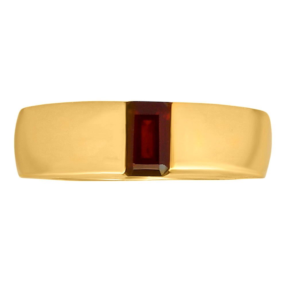 Hessonite garnet baguette set across a wide 18K gold plated band, front view