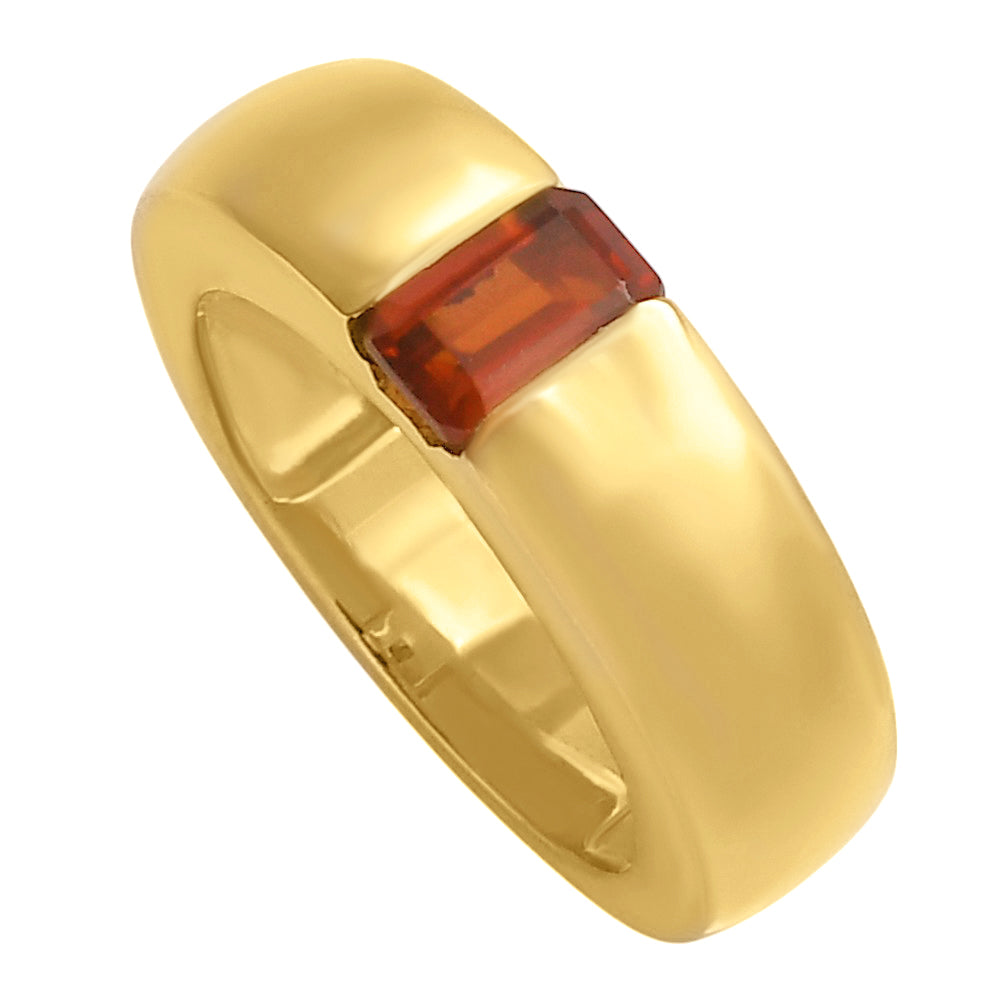 Garnet baguette ring tilted to show the stone sitting in a notch cut into the band